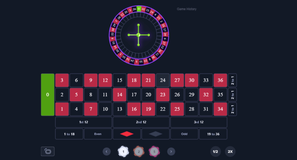 The Mystake Roulette wheel with 37 numbered pockets, featuring red, black, and green colors.