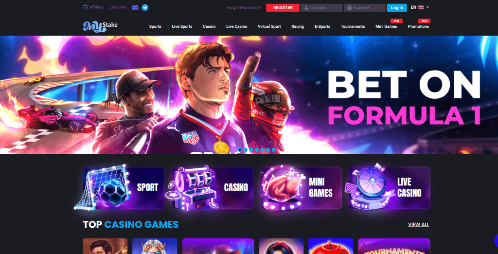The homepage of Mystake's Official Website, offering various gaming options, including Mystake Roulette.