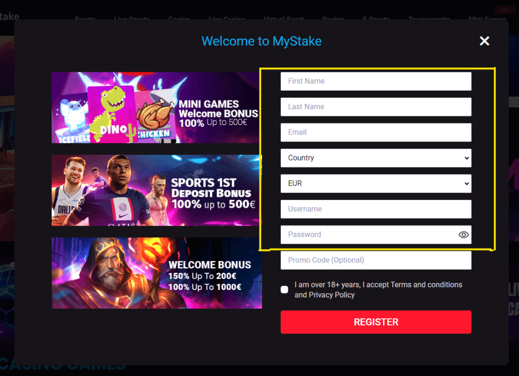  A user filling in their name, email address, and password to create an account on Mystake's Official Website.